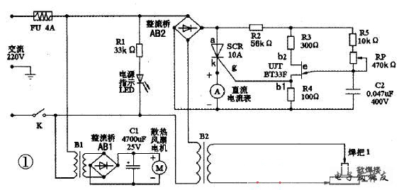 业余电子制作和维修过程中,难免遇到焊接电池极片或薄钢板,而要确保顺利完成这一任务就离不开电焊机。电焊机通常可分为直流电焊机和交流电焊机两种,这里介绍的是交流电焊机,它由降压变压器、电流调节器和散热系统以及焊接导线、把手等附件组成。焊接时不必使用电焊条,只需把欲焊接的两工件分别作为电路的两个电极,利用接触电阻处产生的高温,将金属瞬间熔化,从而将工件牢牢焊接在一起。由于购买成品电焊机价格不菲,倘若你觉得自己动手能力还不算太弱,也可以和笔者一样充分发挥DIY精神,来制作一台实用的微型交流电焊机。 电路工